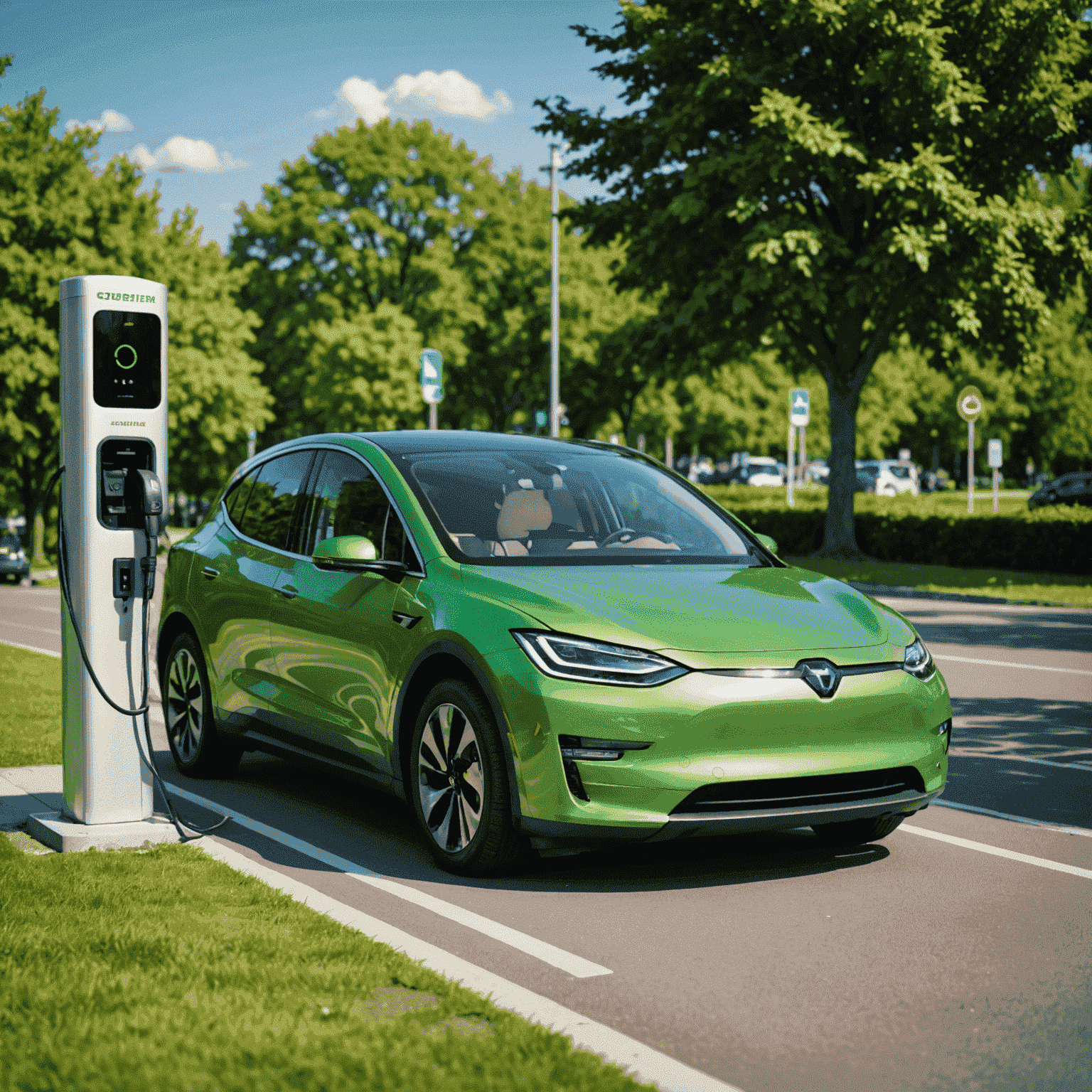 Een moderne elektrische auto op een laadstation, met een groene achtergrond die duurzaamheid symboliseert