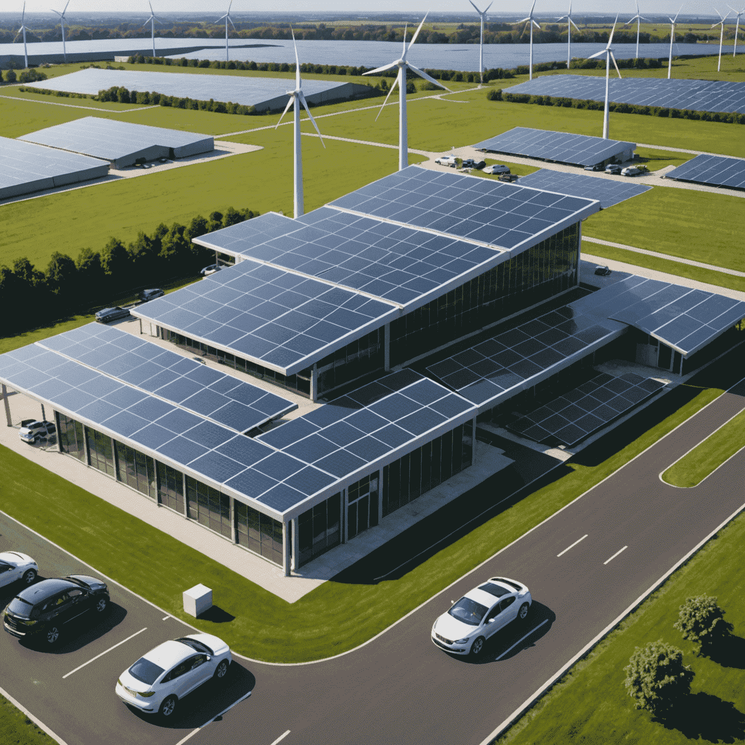 Een moderne autofabriek met zonnepanelen op het dak en windturbines in de buurt, die de overgang naar hernieuwbare energiebronnen in de auto-industrie illustreert