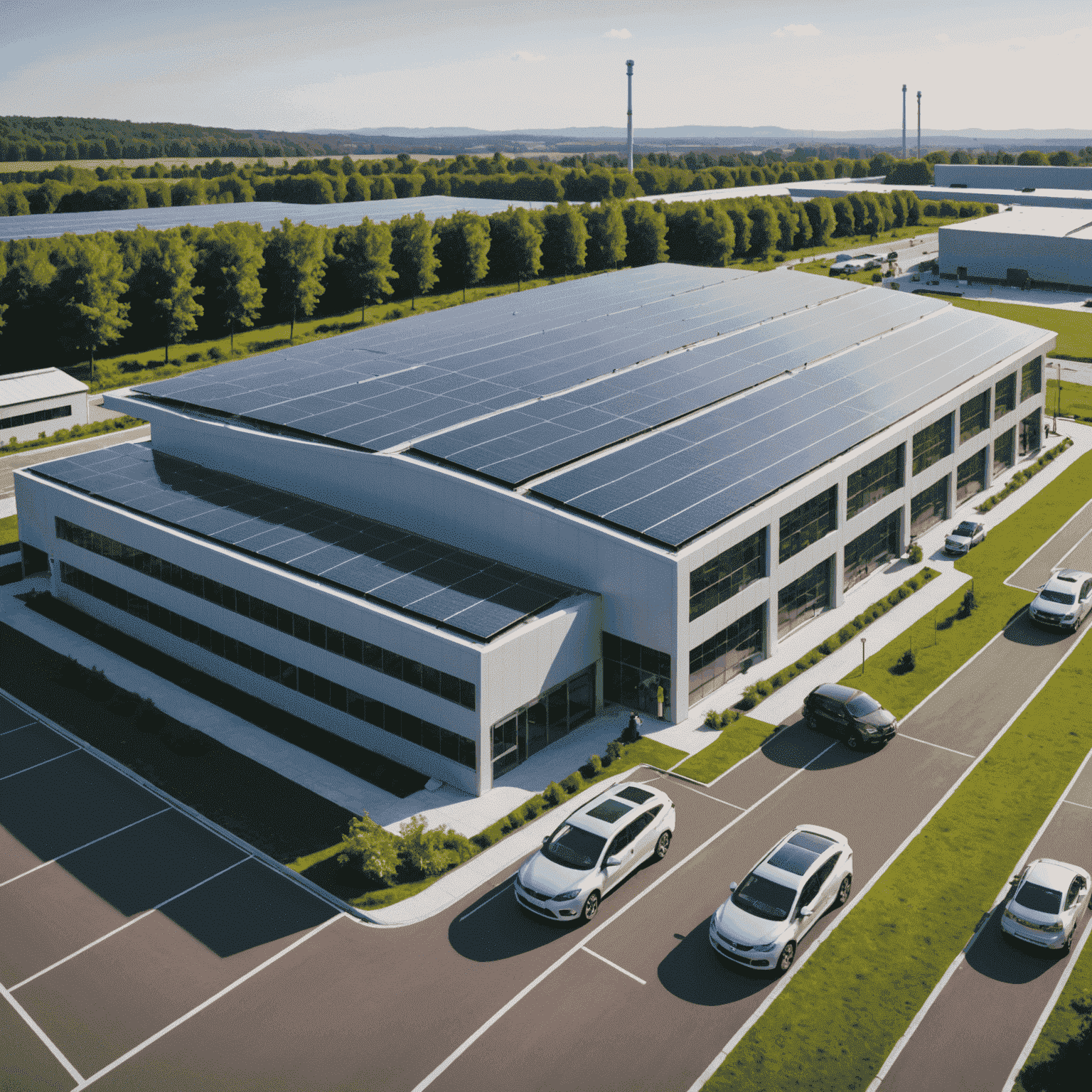 Een moderne autofabriek met zonnepanelen op het dak en werknemers die milieuvriendelijke productiemethoden gebruiken