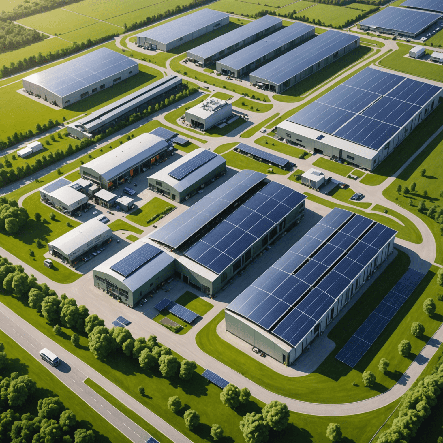 Luchtfoto van een grote autofabriek met uitgebreide zonnepanelen op het dak en windturbines in de nabije omgeving. De fabriek is omringd door groen landschap, wat de harmonie tussen industrie en natuur benadrukt.