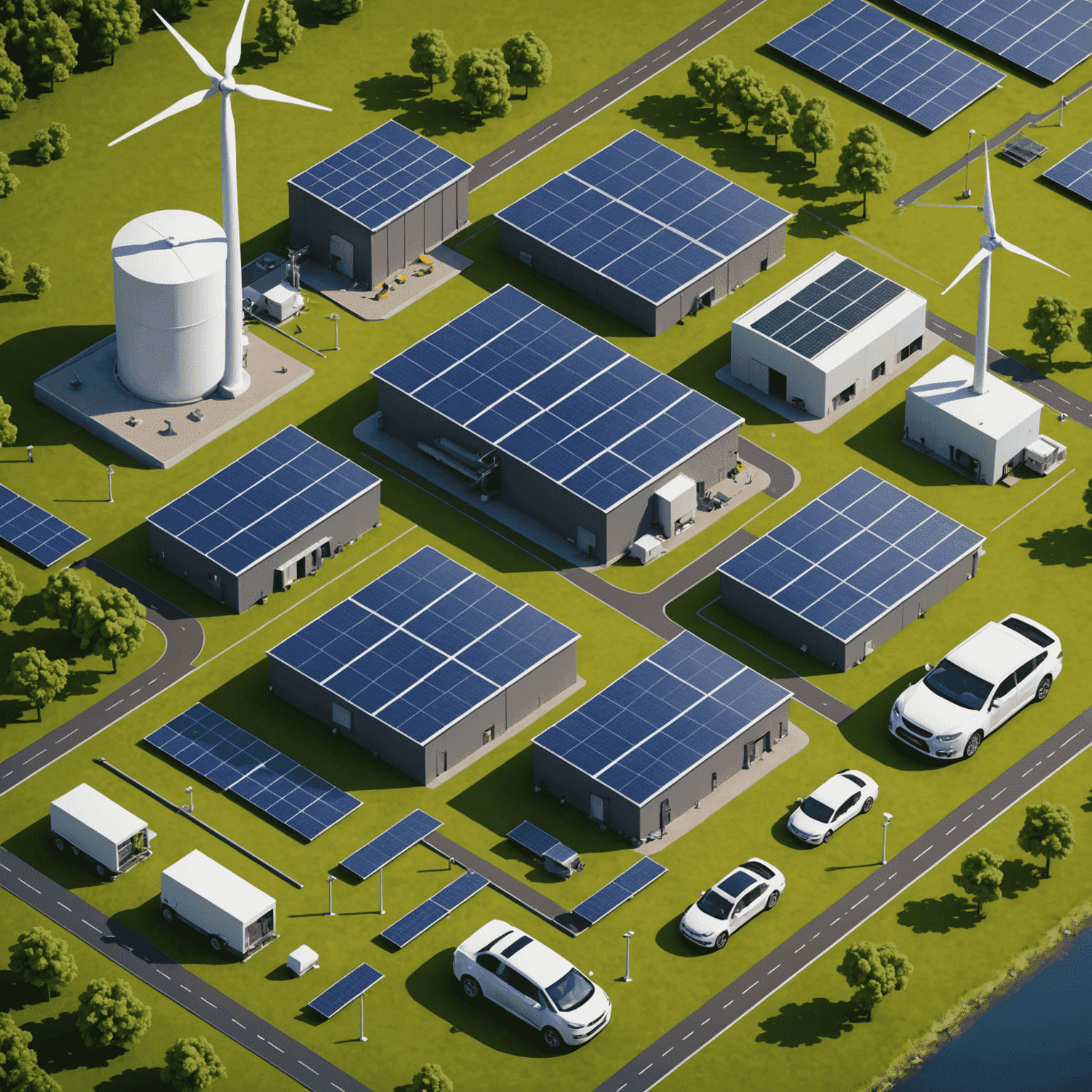 Een diagram dat de verschillende hernieuwbare energiebronnen toont die worden gebruikt in een moderne autofabriek, inclusief zonnepanelen, windturbines en geothermische systemen