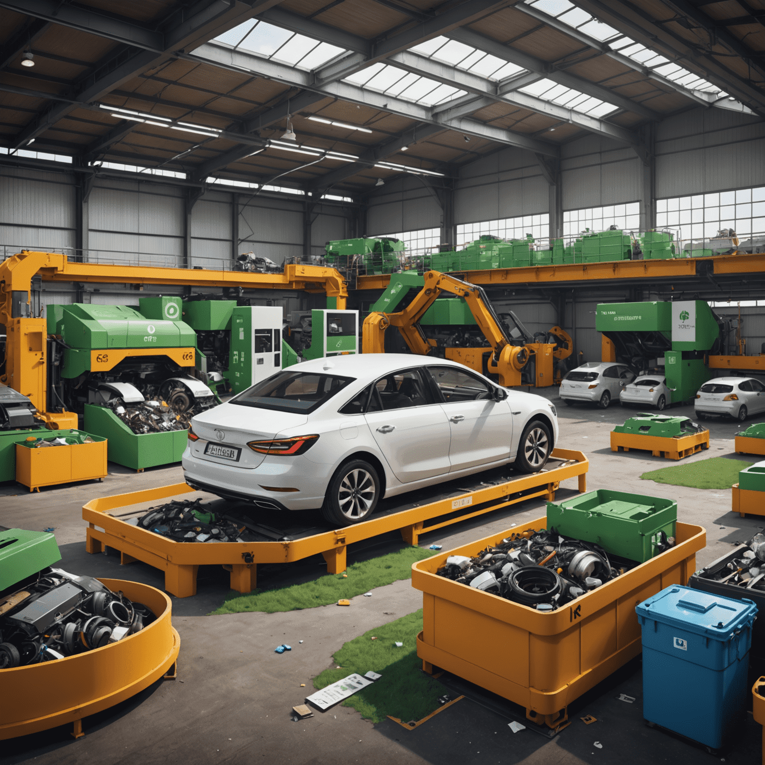 Een geautomatiseerde recyclingfaciliteit voor auto's, met gesorteerde materialen en een circulair economie diagram